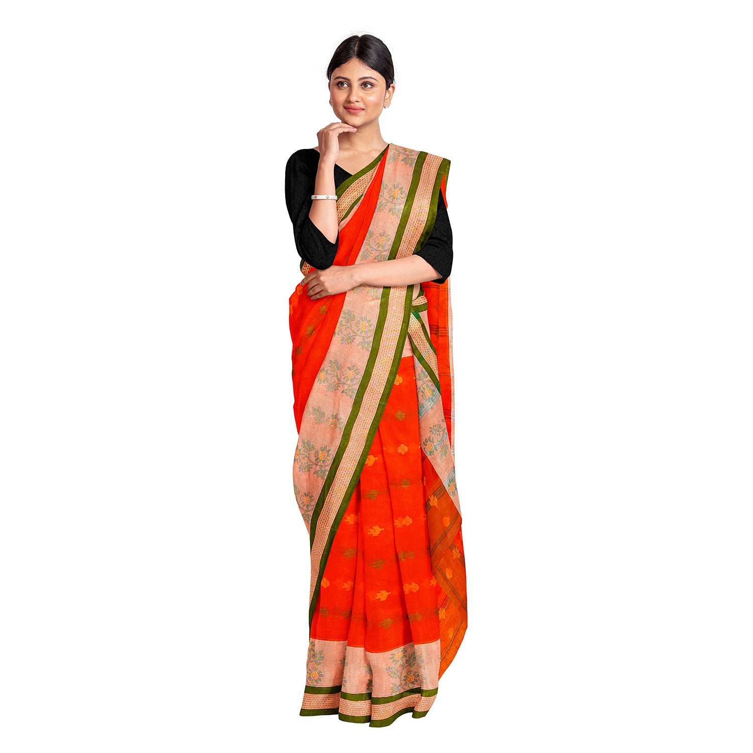 Exclusive Collection 100% Pure Cotton Tomato Red Tant Saree With Hand Weaving Work - Distacart