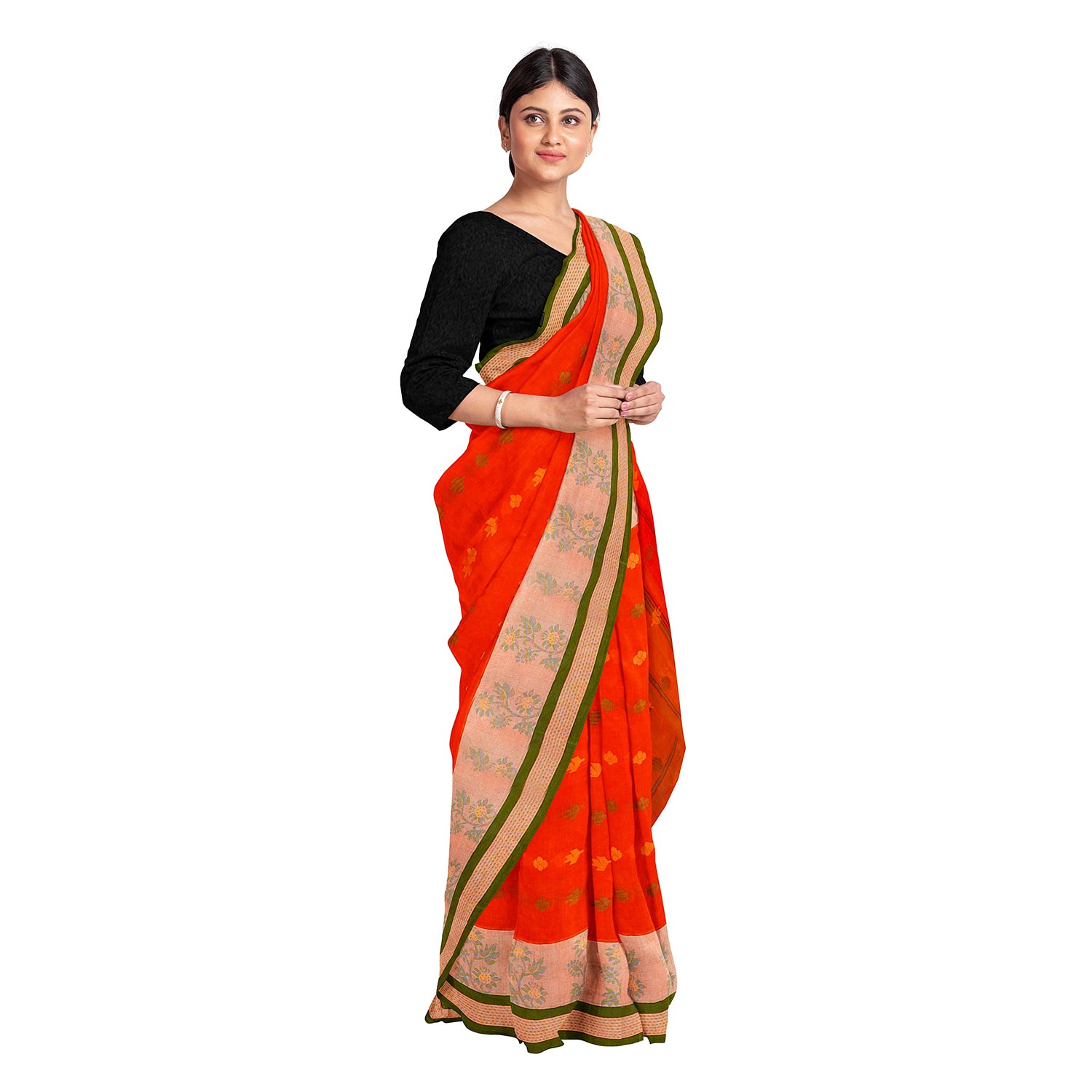 Exclusive Collection 100% Pure Cotton Tomato Red Tant Saree With Hand Weaving Work - Distacart
