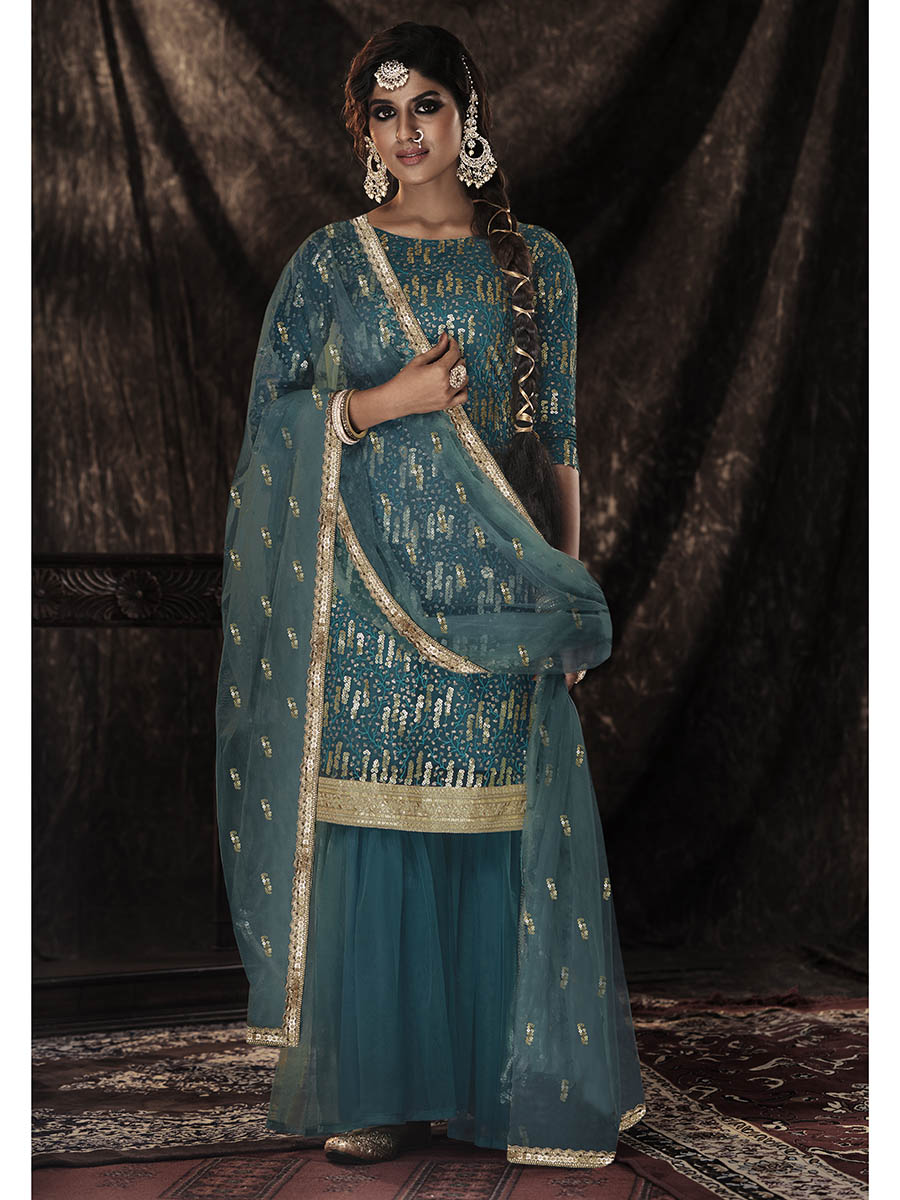 Myra Dark Firozi Net Embroidered Sharara Suit - Distacart