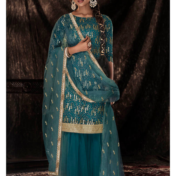 Myra Dark Firozi Net Embroidered Sharara Suit - Distacart