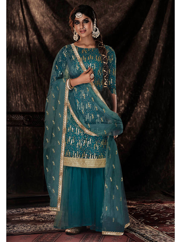 Myra Dark Firozi Net Embroidered Sharara Suit - Distacart