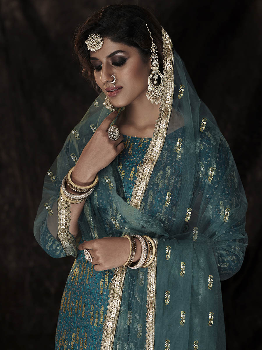 Myra Dark Firozi Net Embroidered Sharara Suit - Distacart