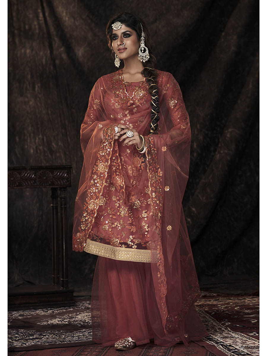 Myra Dark Orange Net Embroidered Sharara Suit - Distacart