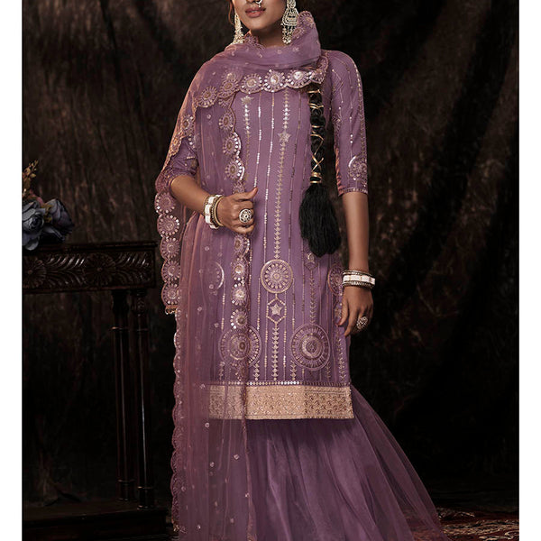 Myra Onion Net Embroidered Sharara Suit - Distacart