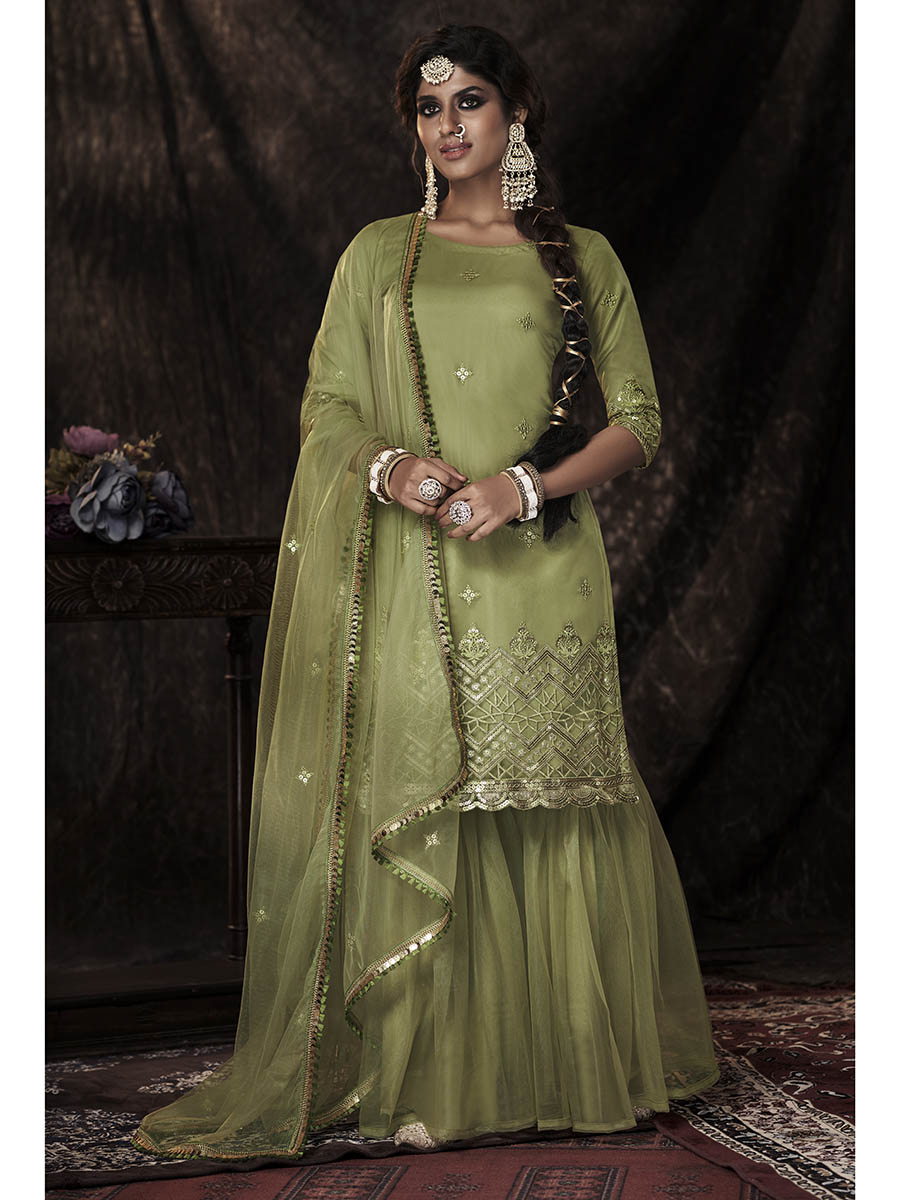 Myra Parrot Net Embroidered Sharara Suit - Distacart