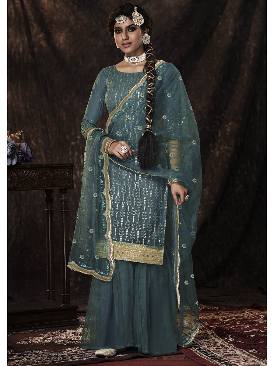 Myra Beautiful Dark Firozi Net Embroidered Sharara Suit - Distacart