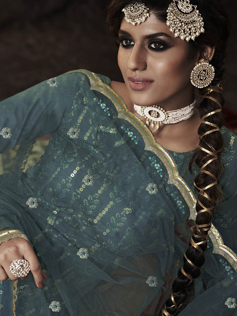 Myra Beautiful Dark Firozi Net Embroidered Sharara Suit - Distacart