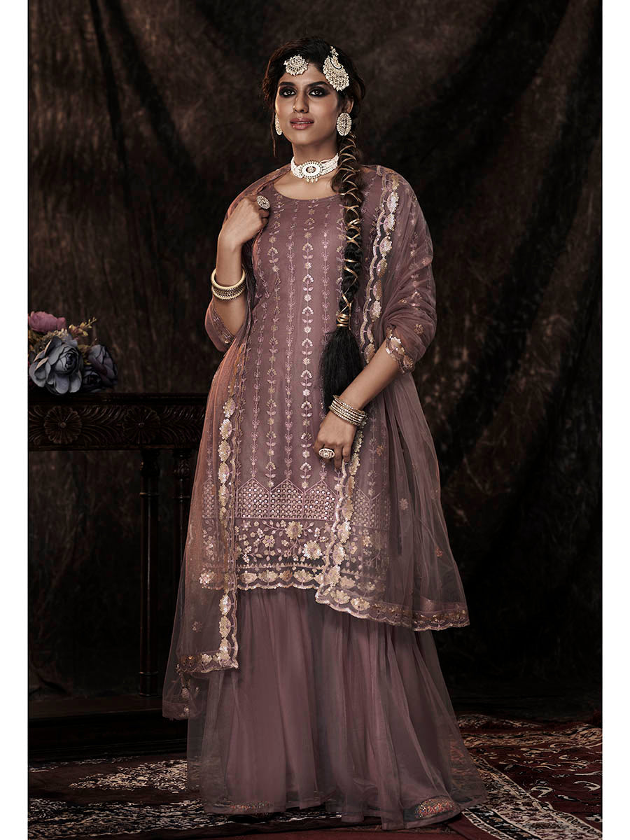 Myra Lilac Net Embroidered Sharara Suit - Distacart