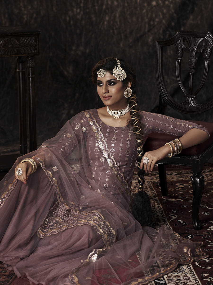 Myra Lilac Net Embroidered Sharara Suit - Distacart