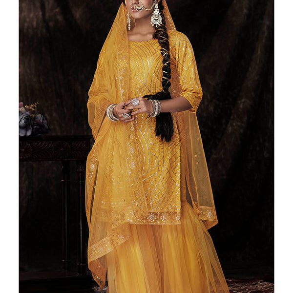 Myra Mustard Net Embroidered Sharara Suit - Distacart