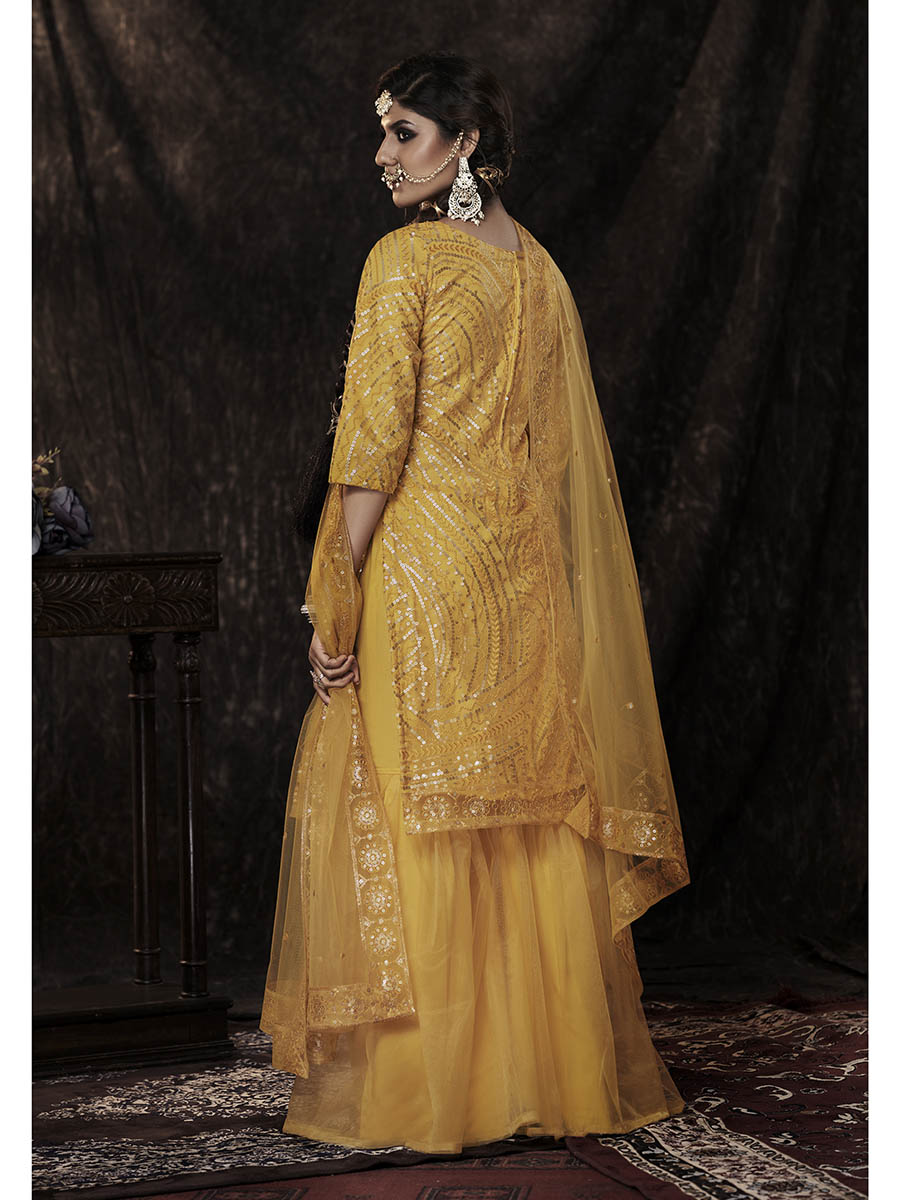 Myra Mustard Net Embroidered Sharara Suit - Distacart
