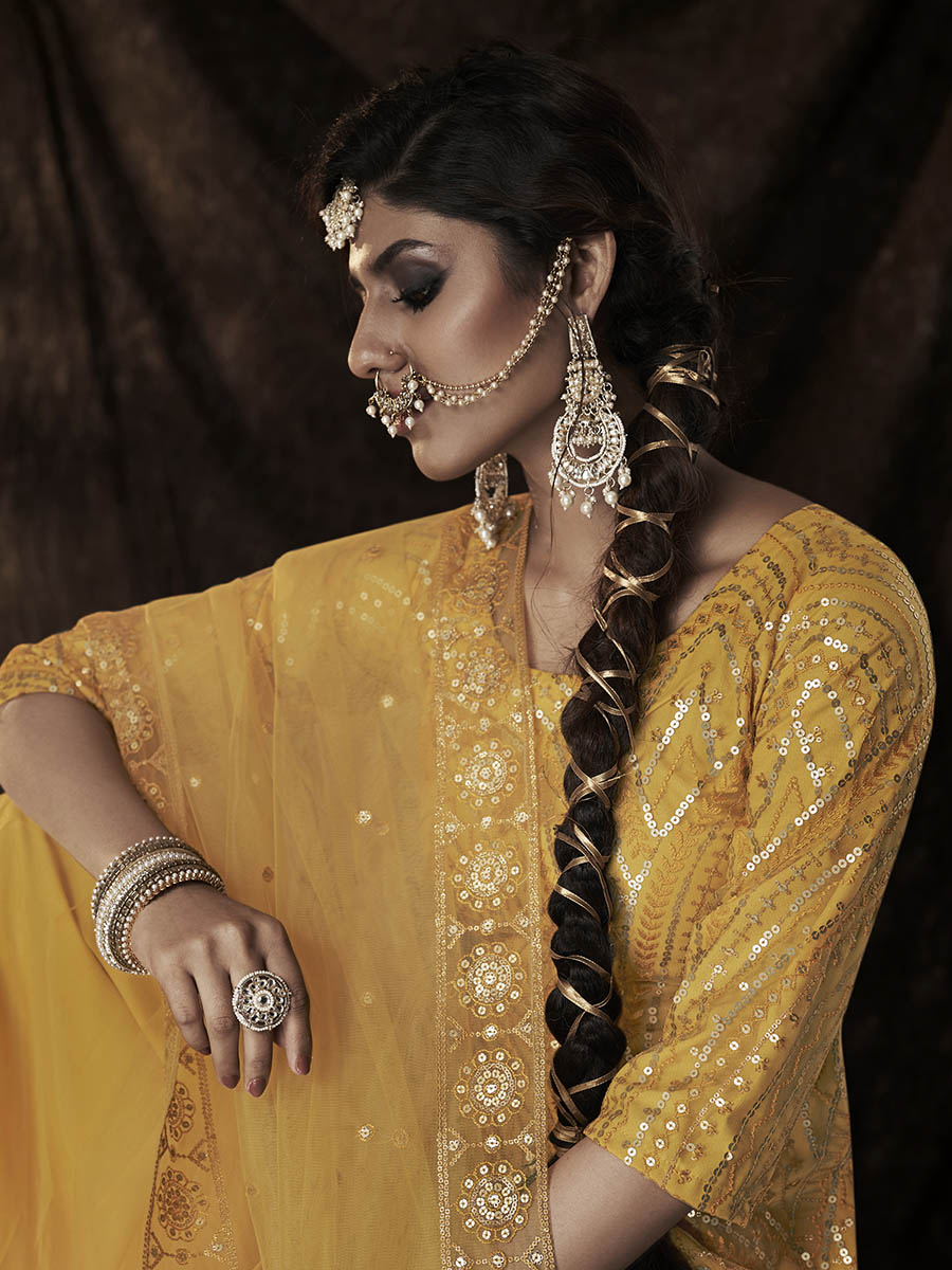 Myra Mustard Net Embroidered Sharara Suit - Distacart