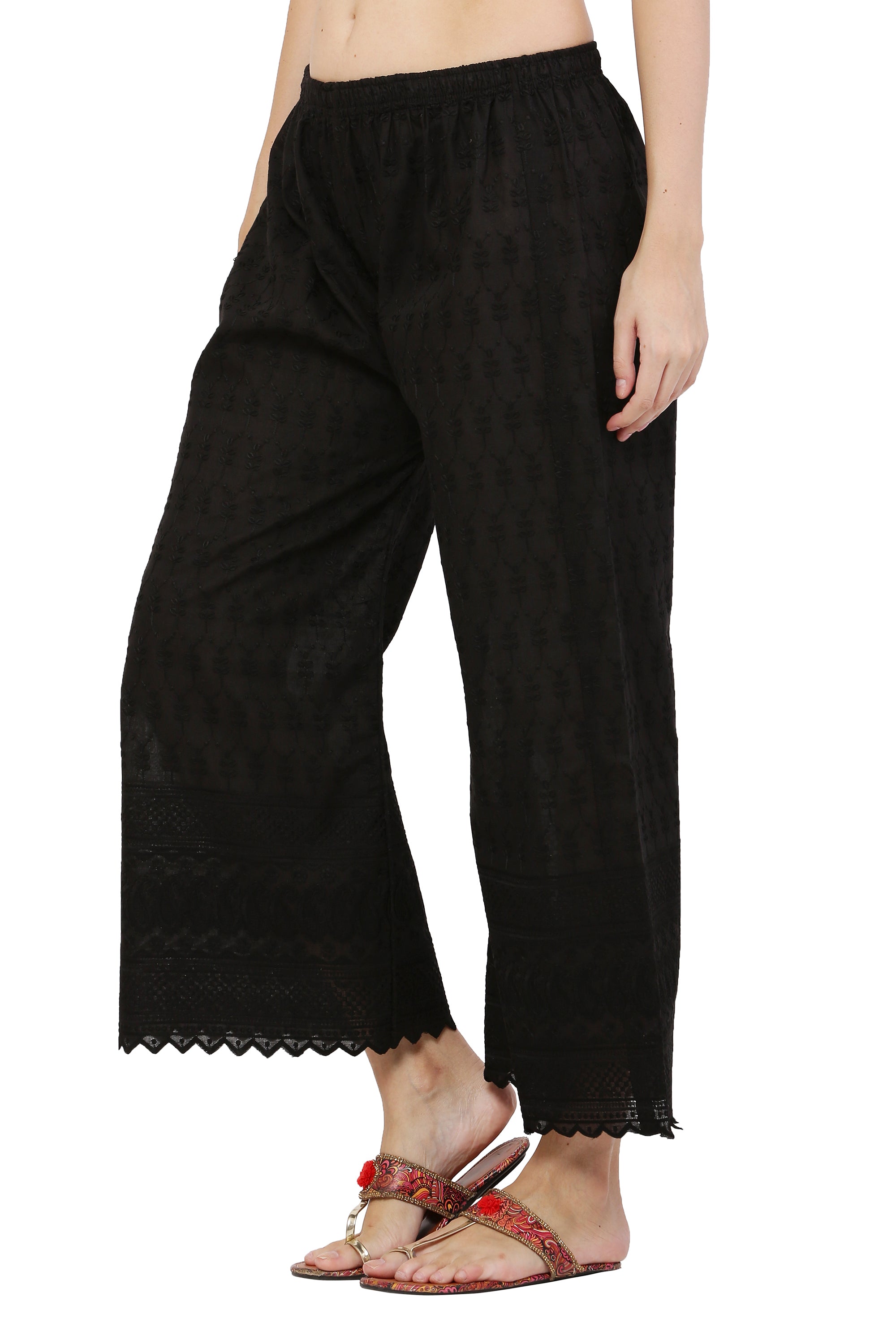 PAVONINE Black Color Half Schiffli Chikankari Cotton Fabric Palazzo For Women - Distacart