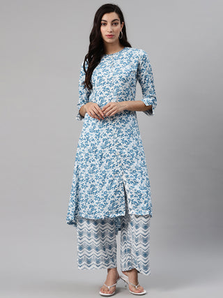 Biba Women White & Blue Printed Kurta with Palazzos - Distacart