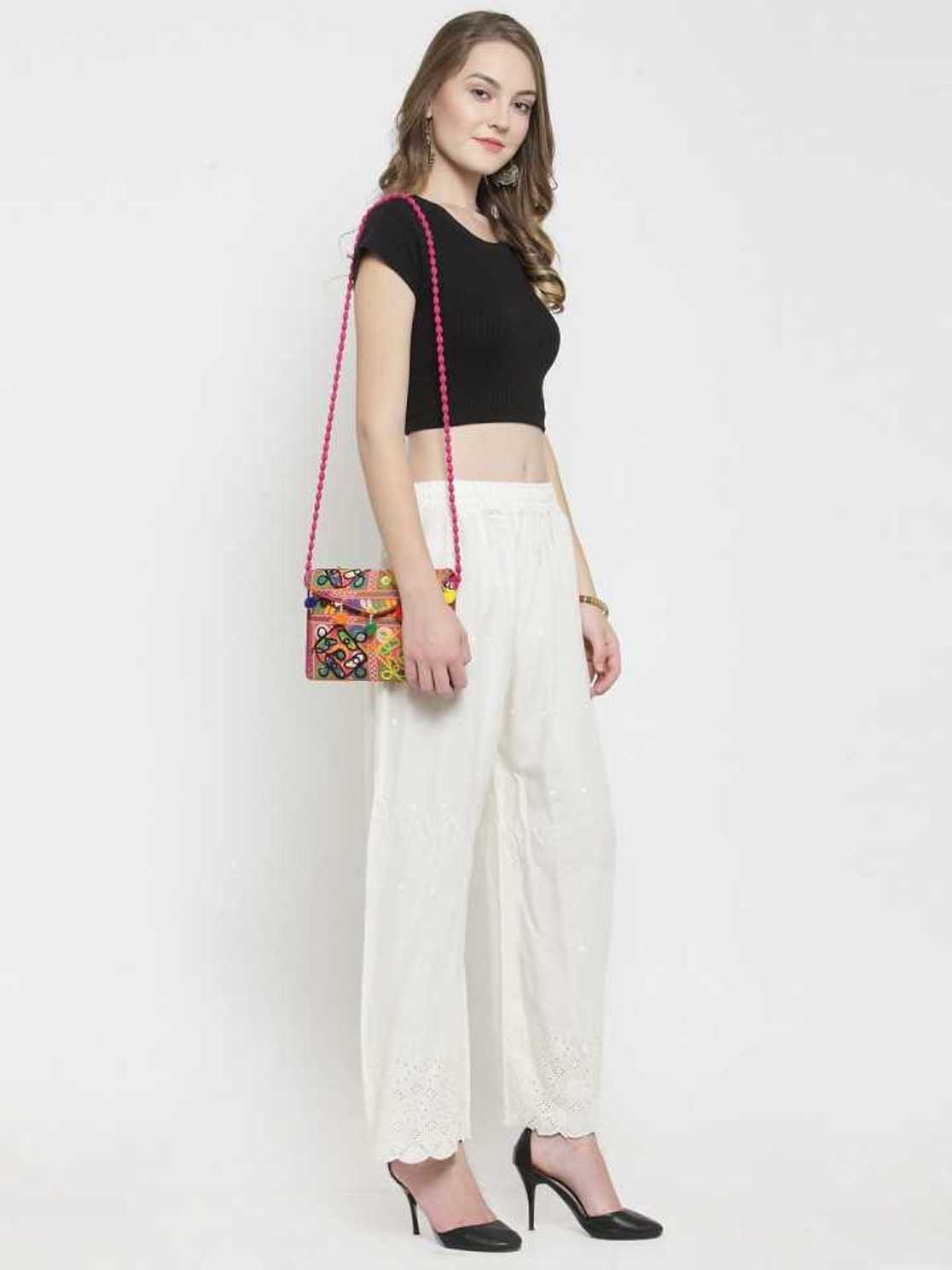 PAVONINE Off-White Color Half Schiffli Chikankari Cotton Fabric Palazzo For Women - Distacart