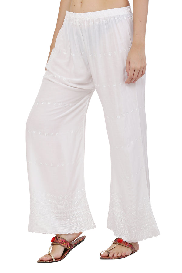 PAVONINE White Color Half Schiffli Chikankari Cotton Fabric Sharara For Women - Distacart