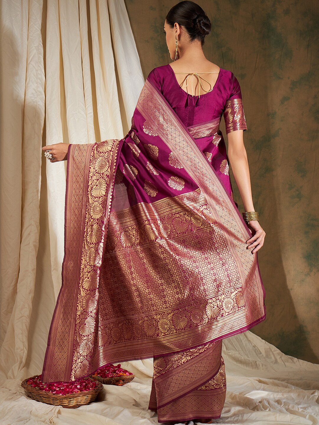 Sangria Burgundy & Gold-Toned Ethnic Motifs Woven Design Zari Silk Blend Banarasi Saree - Distacart