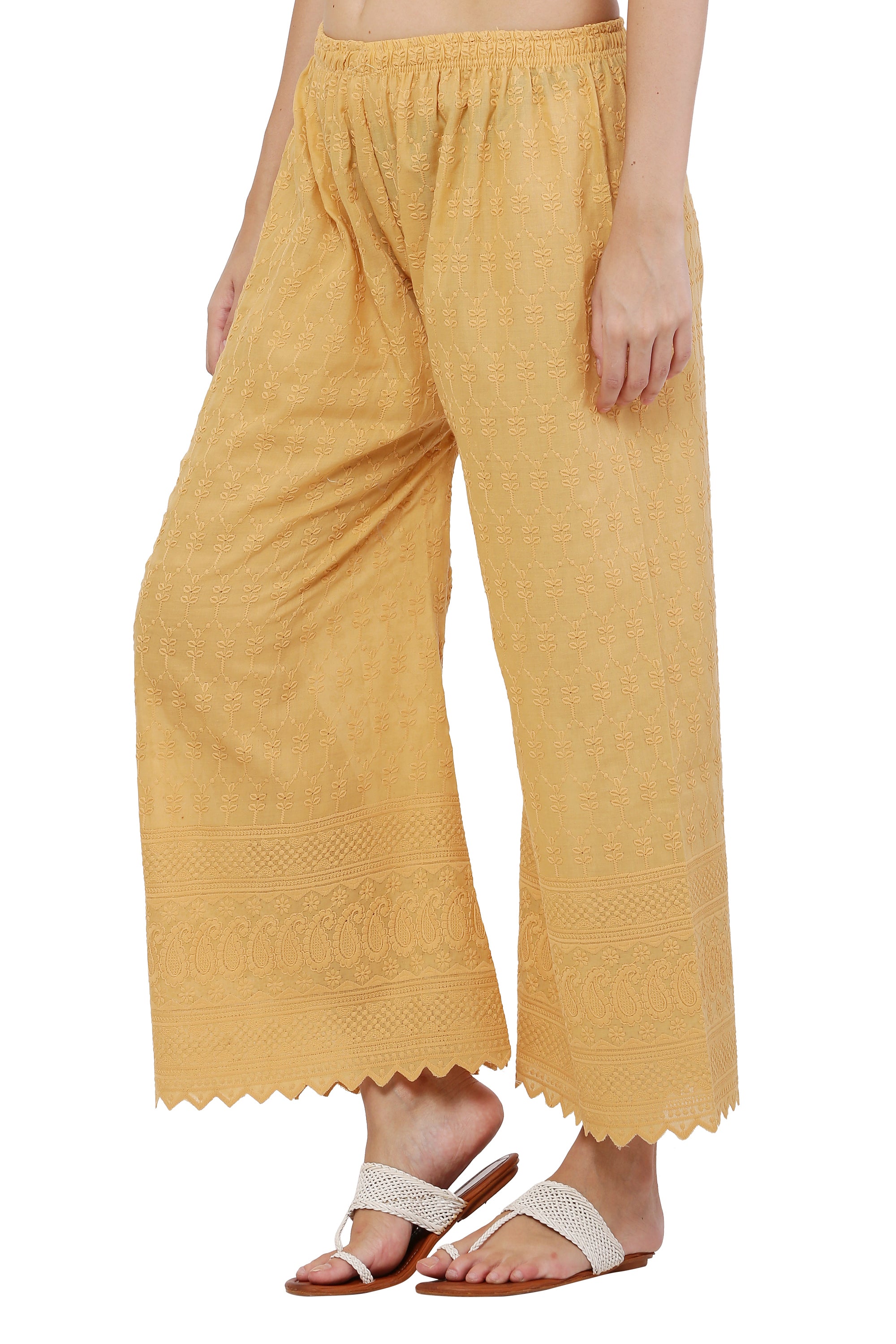 PAVONINE Beige Color Full Chikankari Cotton Fabric Palazzo For Women - Distacart