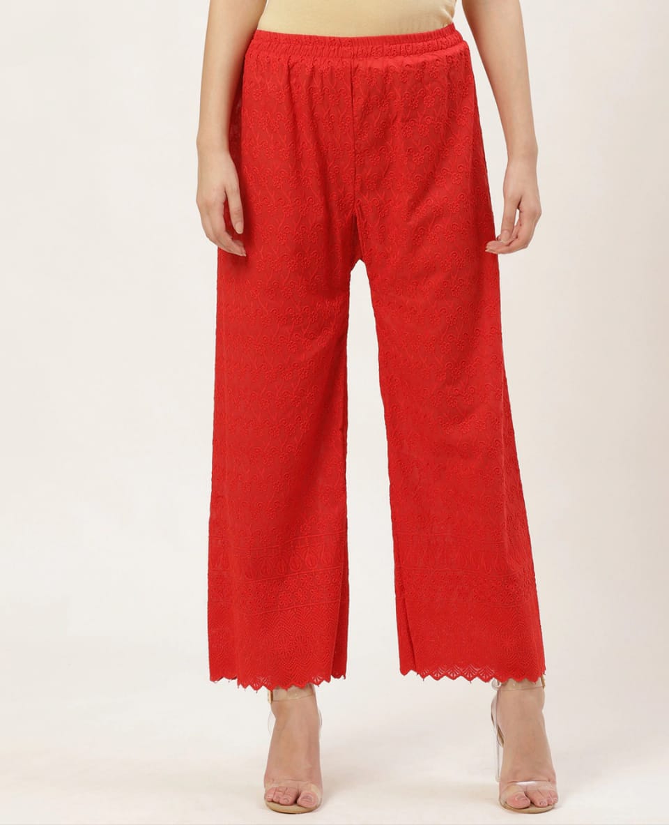 PAVONINE Red Color Full Chikankari Cotton Fabric Palazzo For Women - Distacart