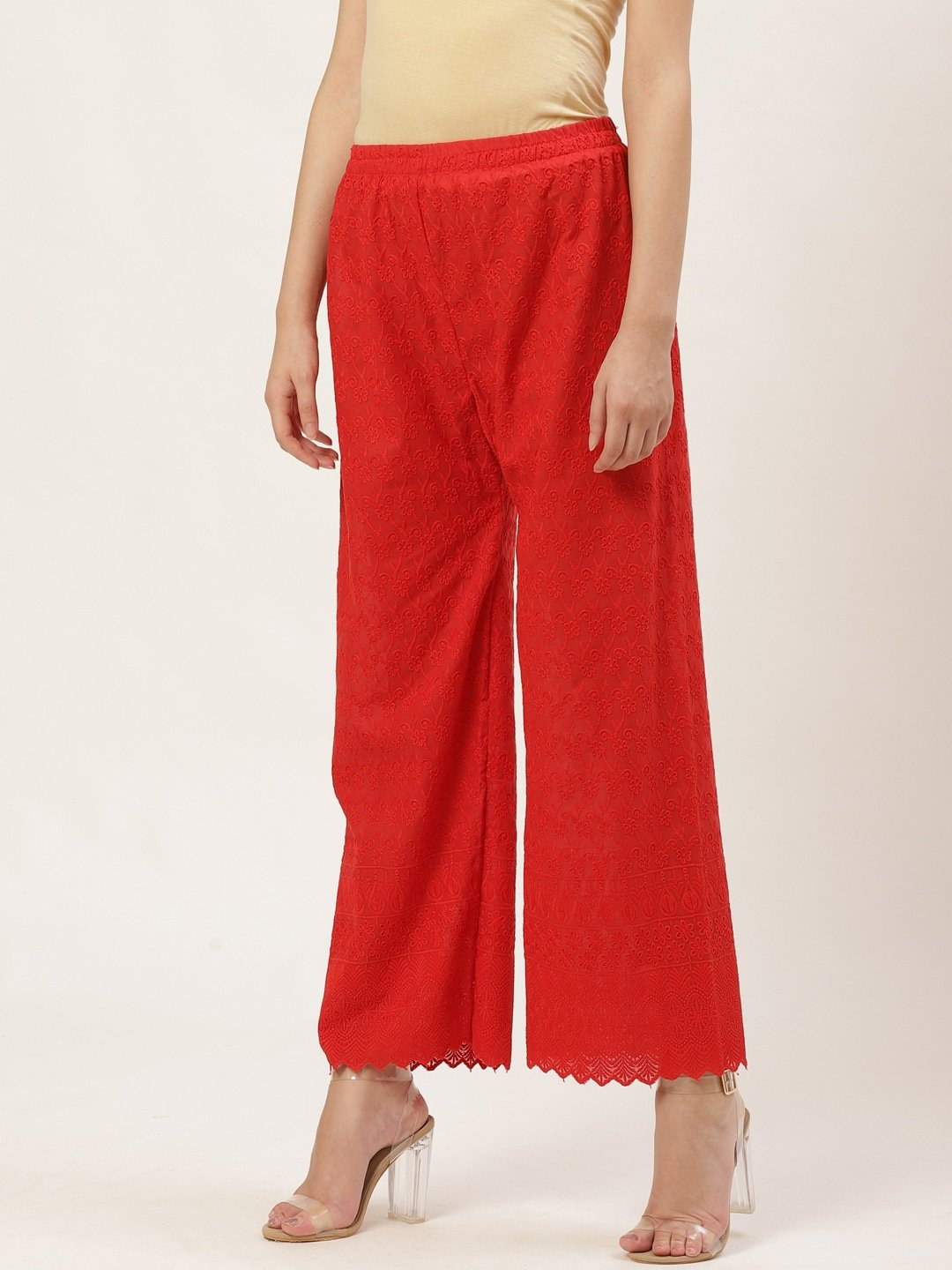 PAVONINE Red Color Full Chikankari Cotton Fabric Palazzo For Women - Distacart