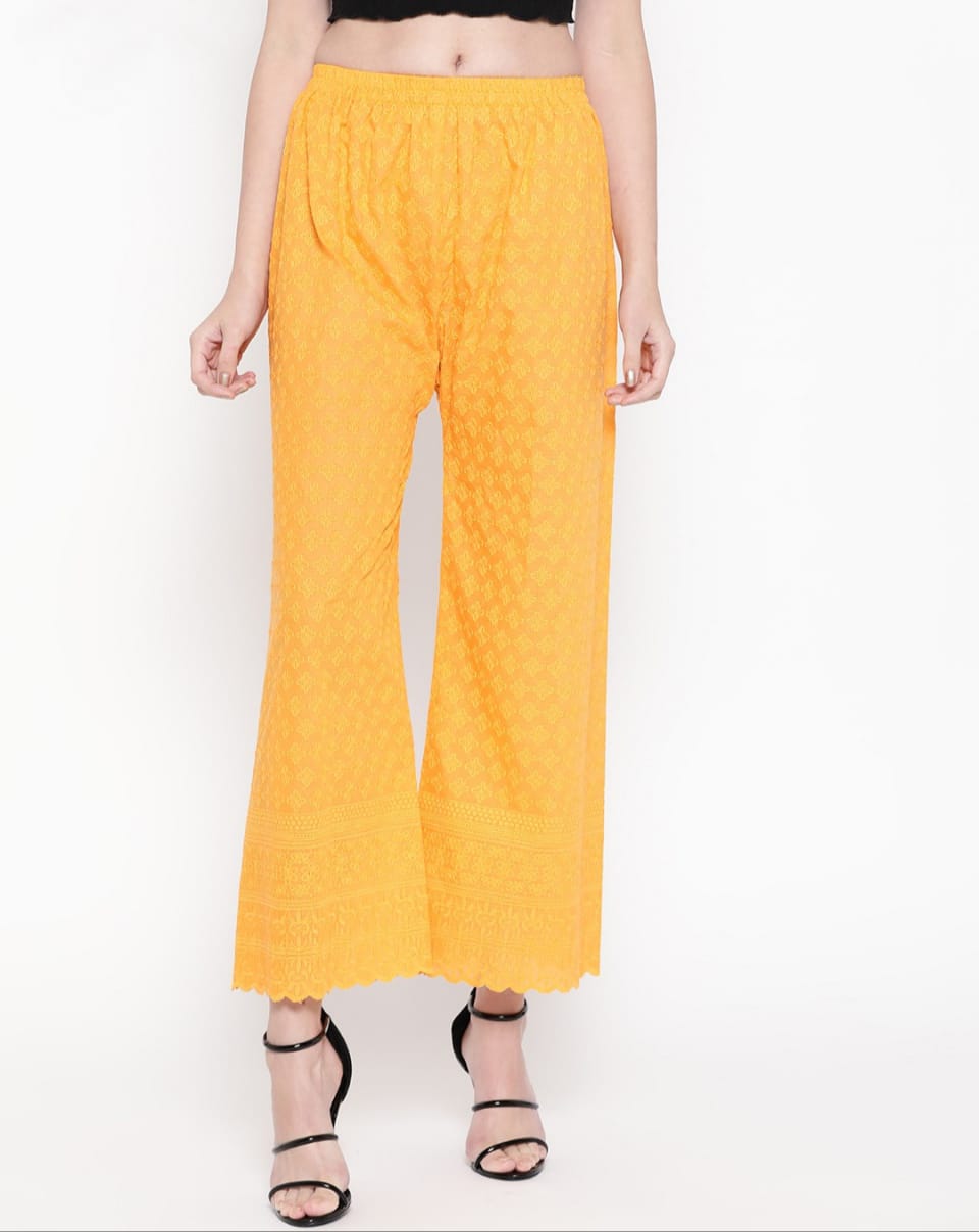 PAVONINE Yellow Color Full Chikankari Cotton Fabric Palazzo For Women - Distacart