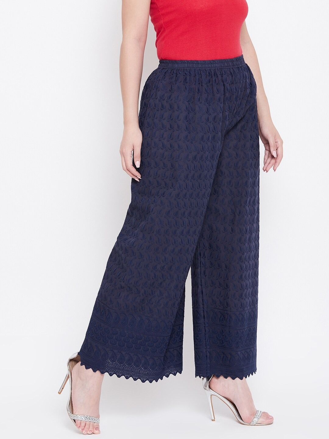 PAVONINE Navy Blue Color Full Chikankari Cotton Fabric Palazzo For Women - Distacart