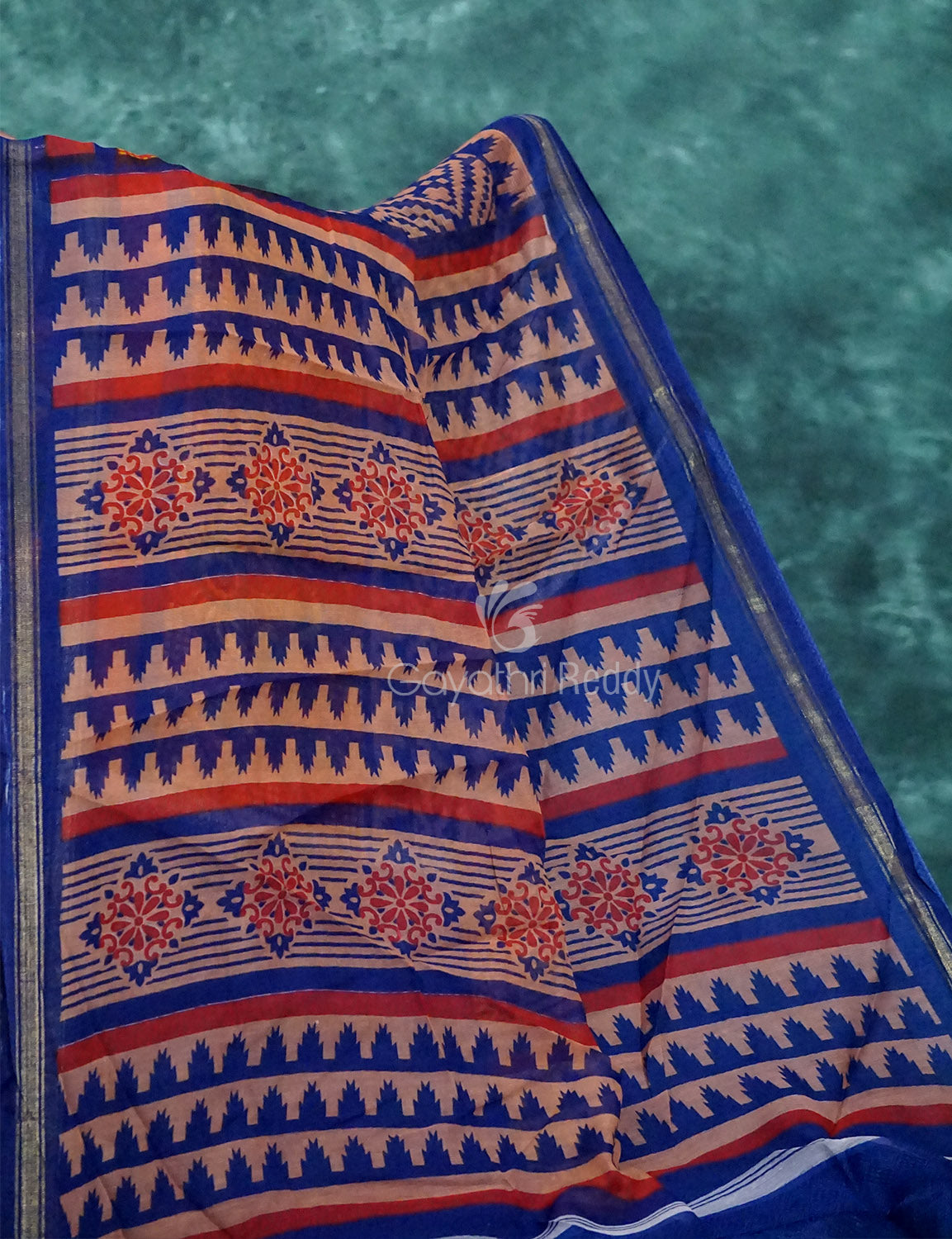 Light Orange And Ink Blue Colour Printed Semi Chanderi Saree By Gayathri Reddy Designer Studio - Distacart