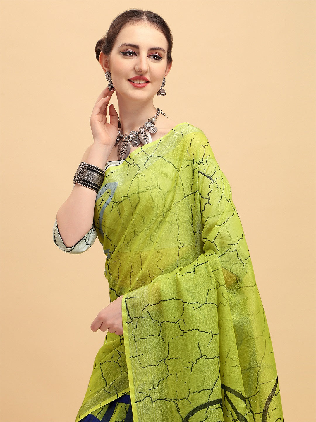 Sangria Lime Green & Grey Tie and Dye Pure Linen Saree - Distacart