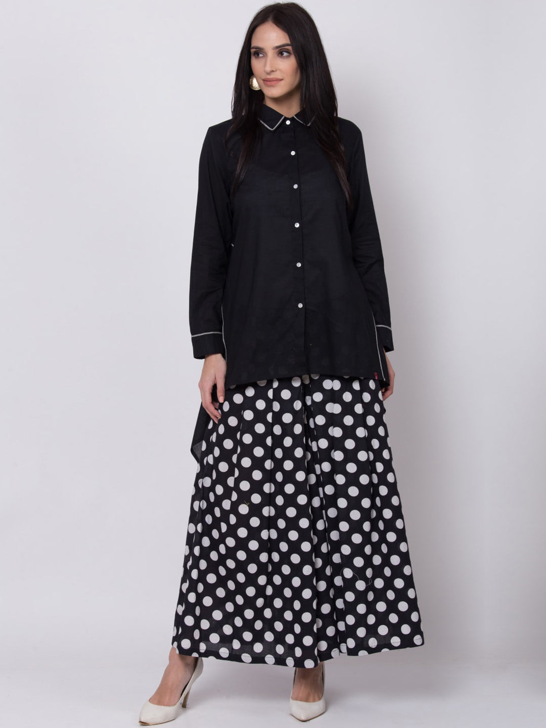 Biba Women Black & White Solid A-Line Shirt Collar Kurta - Distacart