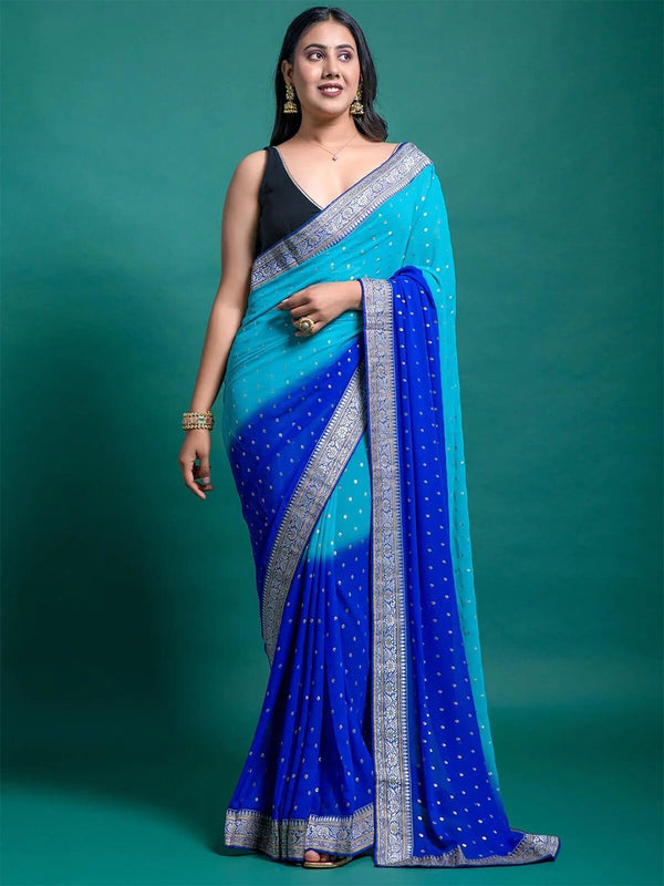 Mitera Blue & Gold-Toned Ethnic Motifs Pure Georgette Half and Half Block Print Saree - Distacart