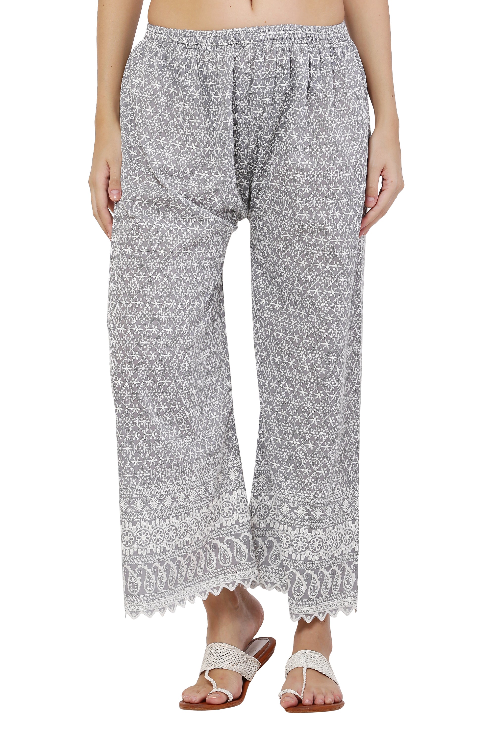 PAVONINE Grey Color Full Thread Chikankari Cotton Fabric Palazzo For Women - Distacart