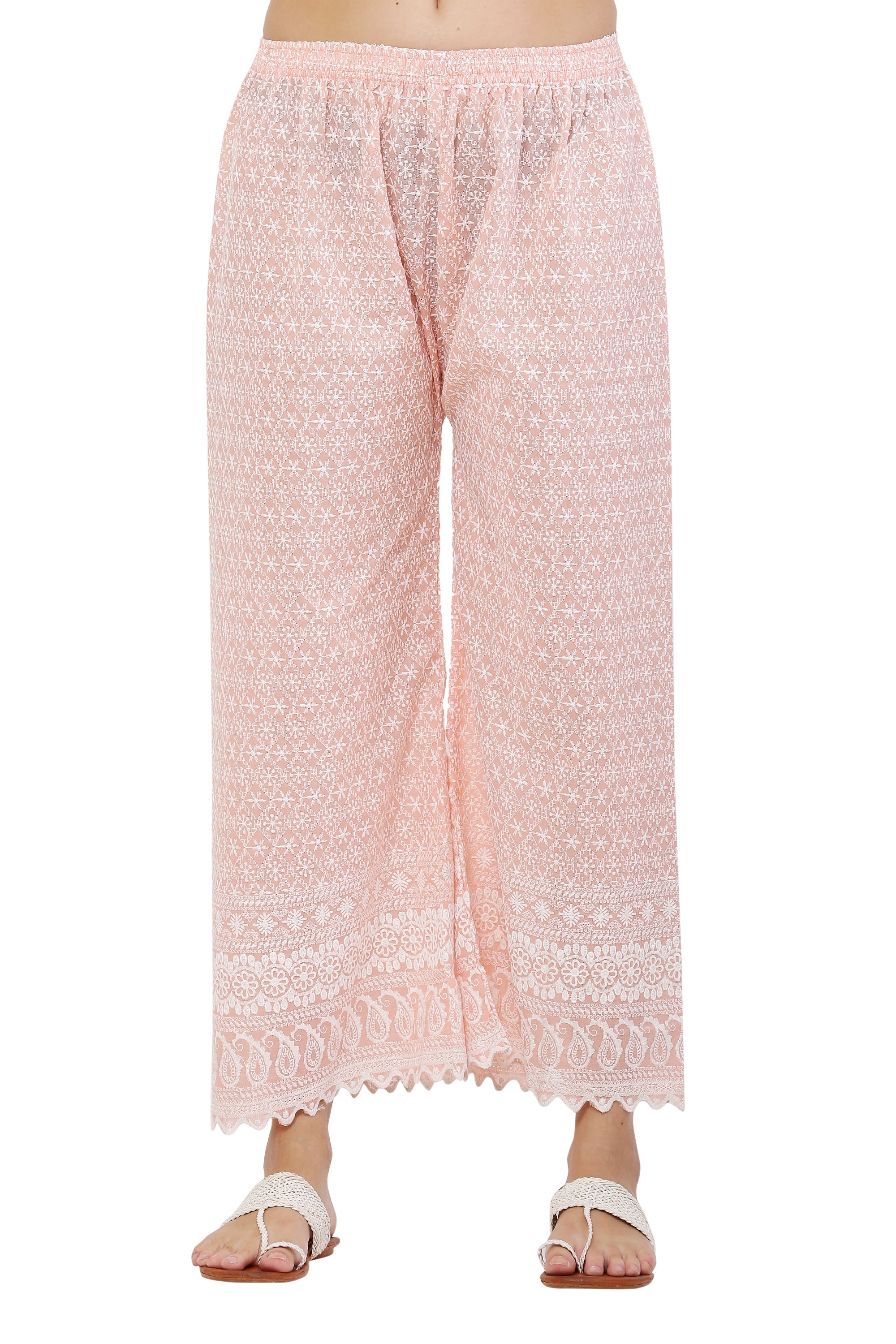 PAVONINE Peach Color Full Thread Chikankari Cotton Fabric Sharara For Women - Distacart