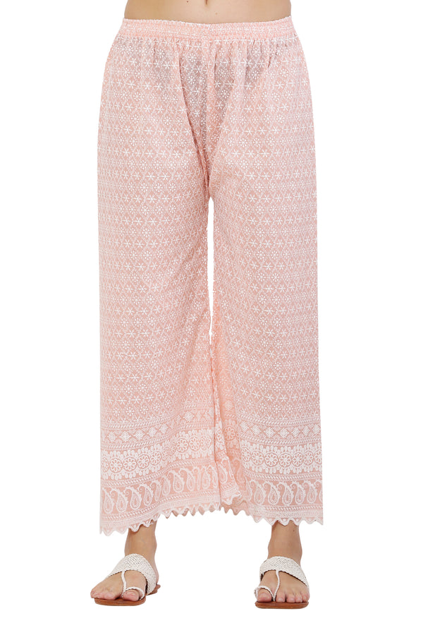 PAVONINE Peach Color Full Thread Chikankari Cotton Fabric Palazzo For Women - Distacart