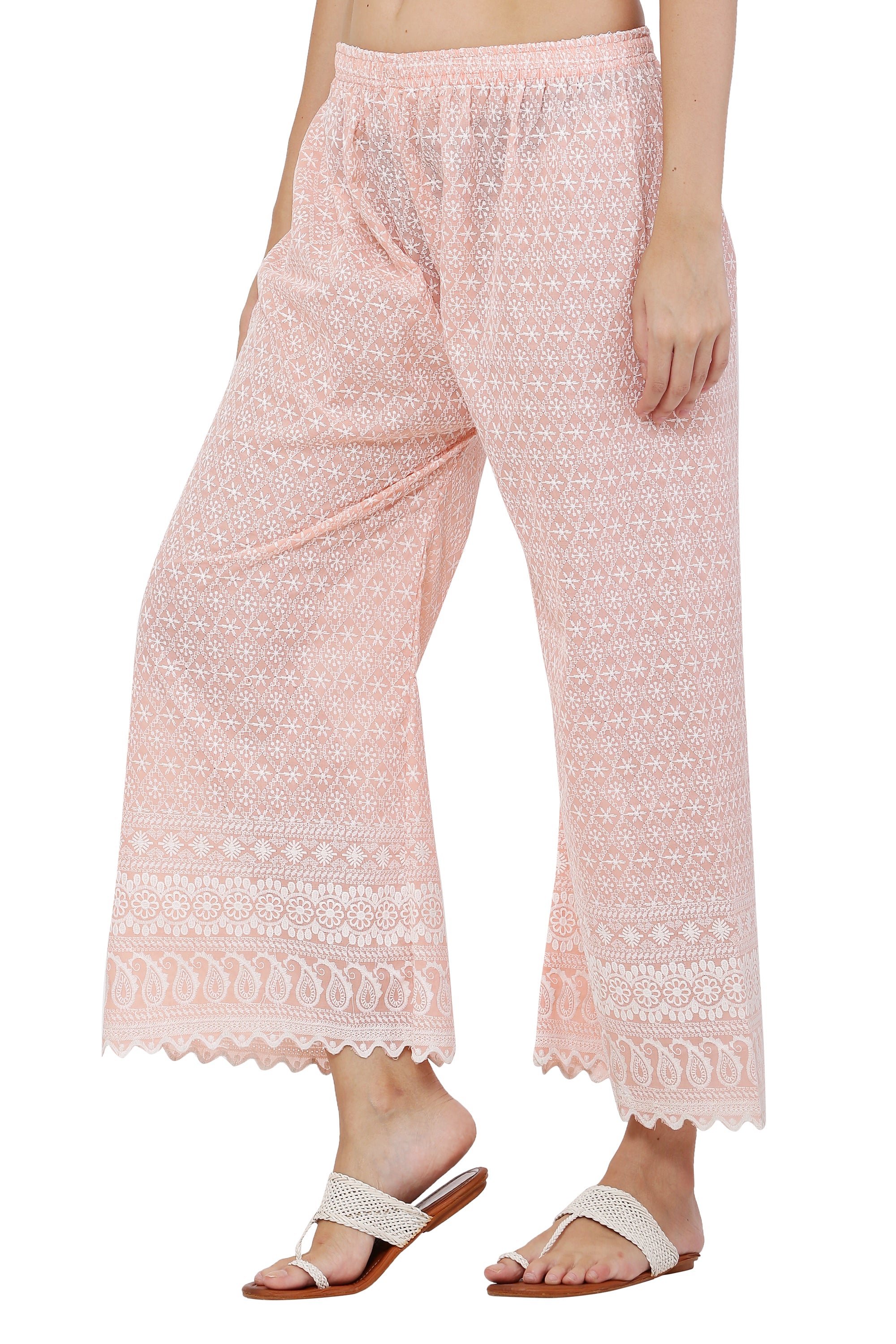 PAVONINE Peach Color Full Thread Chikankari Cotton Fabric Sharara For Women - Distacart