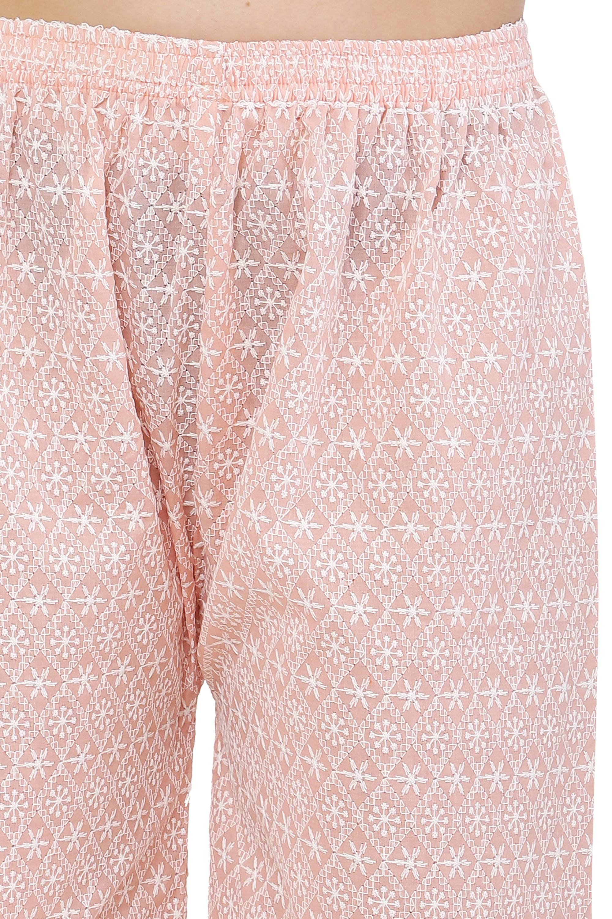 PAVONINE Peach Color Full Thread Chikankari Cotton Fabric Palazzo For Women - Distacart