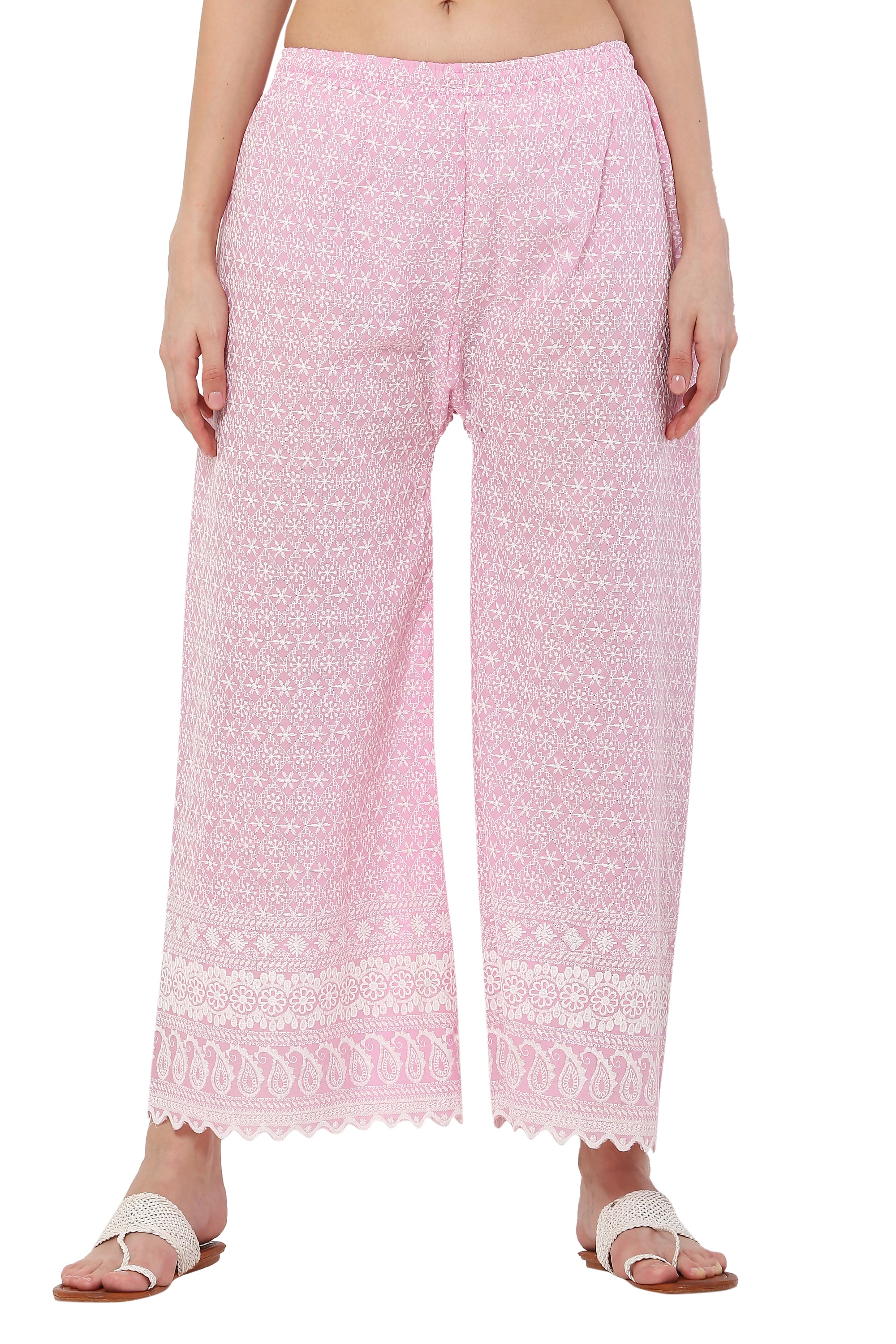 PAVONINE Pink Color Full Thread Chikankari Cotton Fabric Palazzo For Women - Distacart