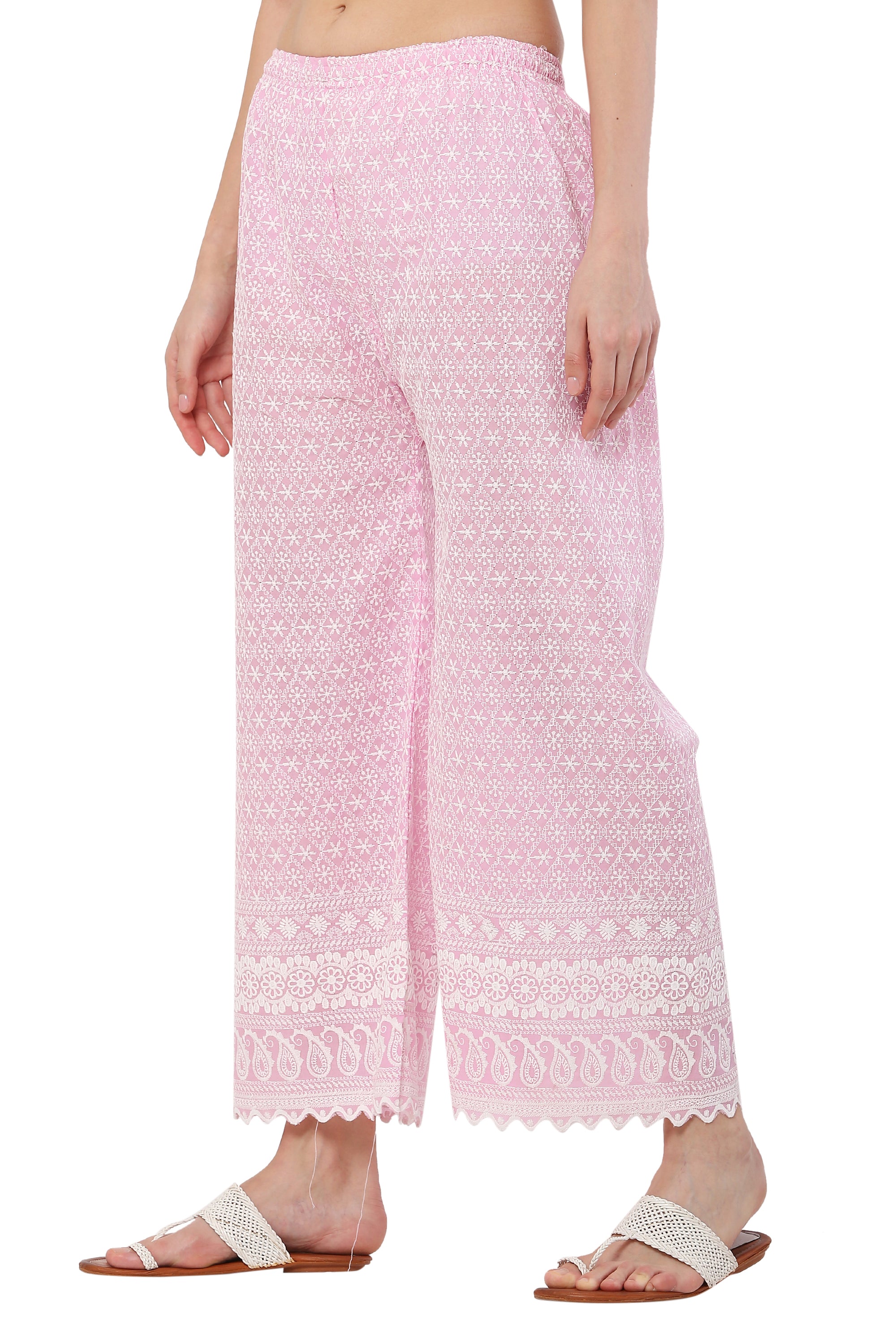 PAVONINE Pink Color Full Thread Chikankari Cotton Fabric Palazzo For Women - Distacart