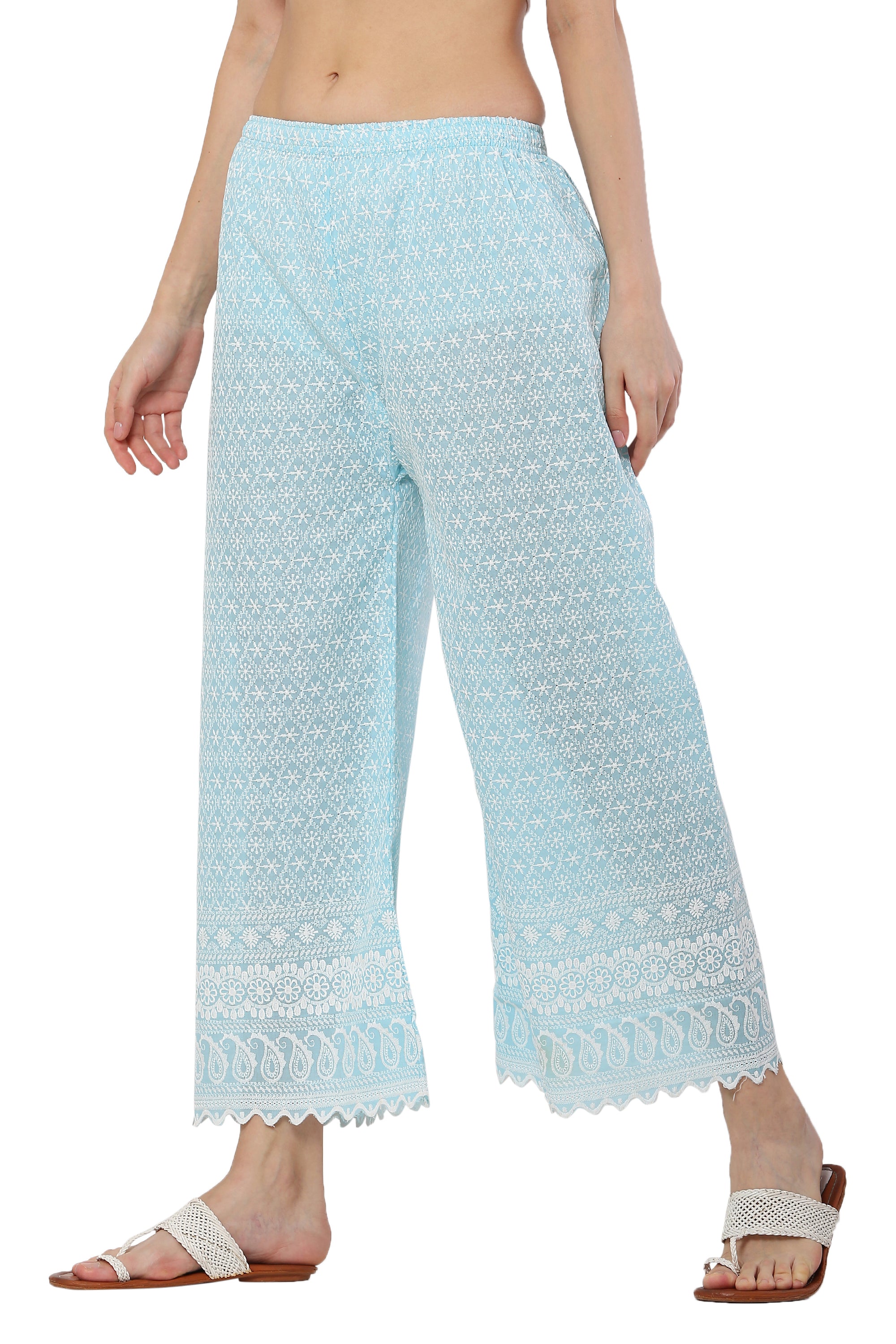 PAVONINE Rama Green Color Full Thread Chikankari Cotton Fabric Palazzo For Women - Distacart