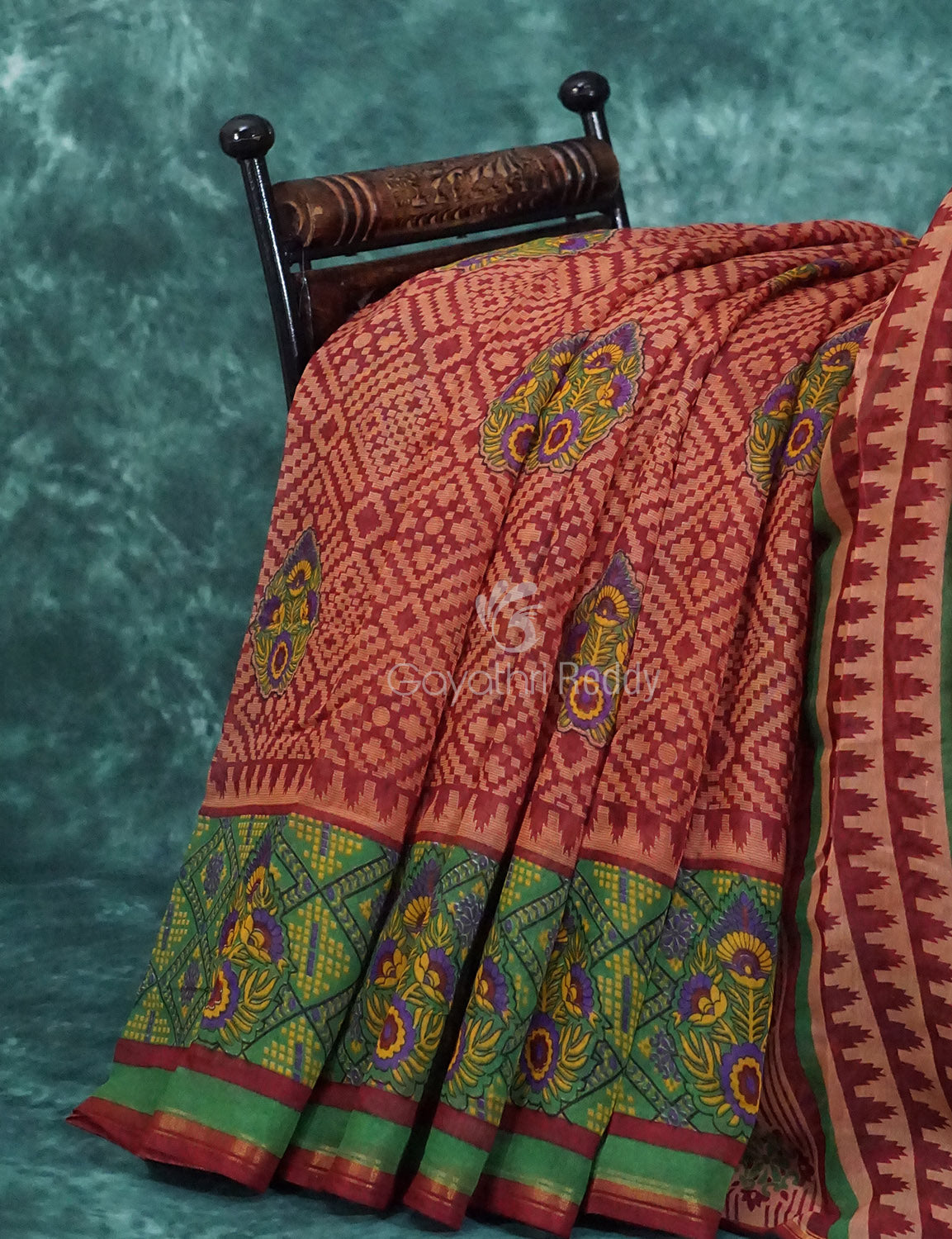 Mix of Orange and Teracotta Red Printed Semi Chanderi Saree By Gayathri Reddy Designer Studio - Distacart