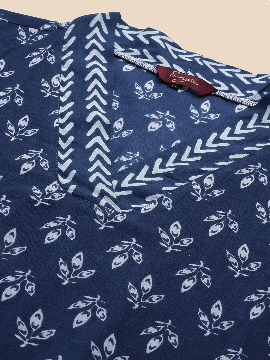 Sangria Blue & White Ethnic Motifs Printed V-Neck Pure Cotton A-Line Kurta With Salwar - Distacart