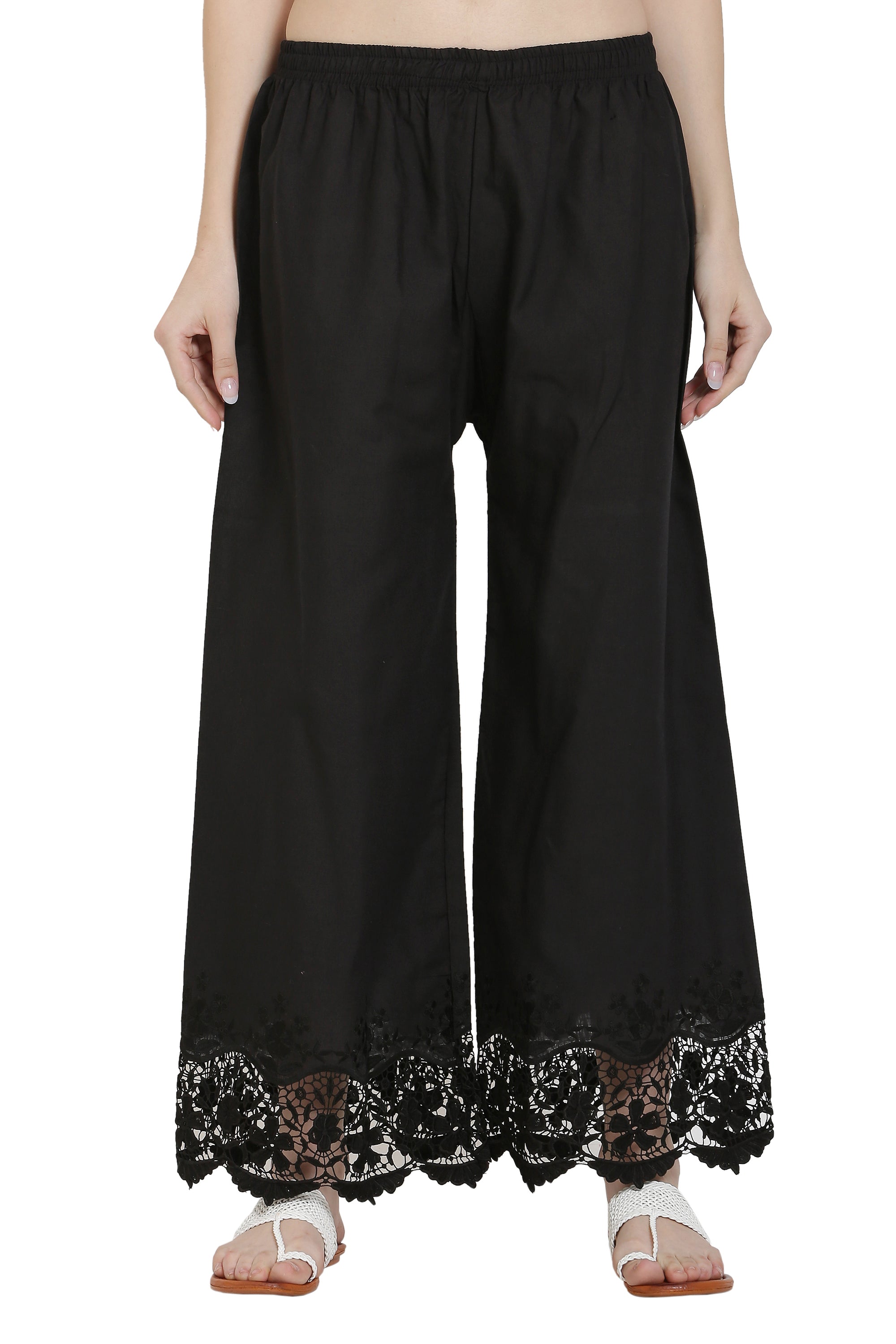 PAVONINE Black Color Chikankari Lace Scalloped Hem Cotton Fabric Sharara For Women - Distacart