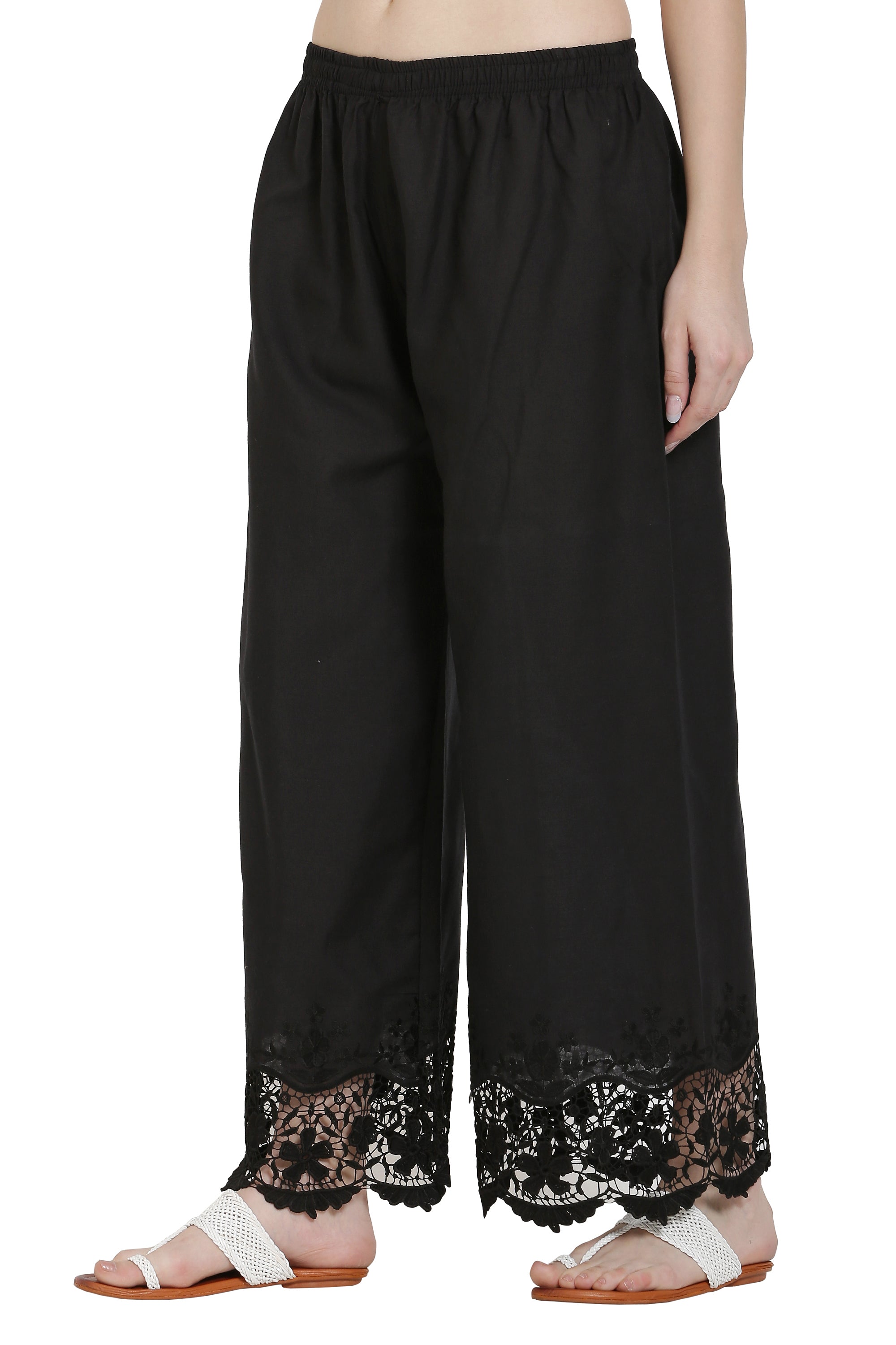 PAVONINE Black Color Chikankari Lace Scalloped Hem Cotton Fabric Sharara For Women - Distacart