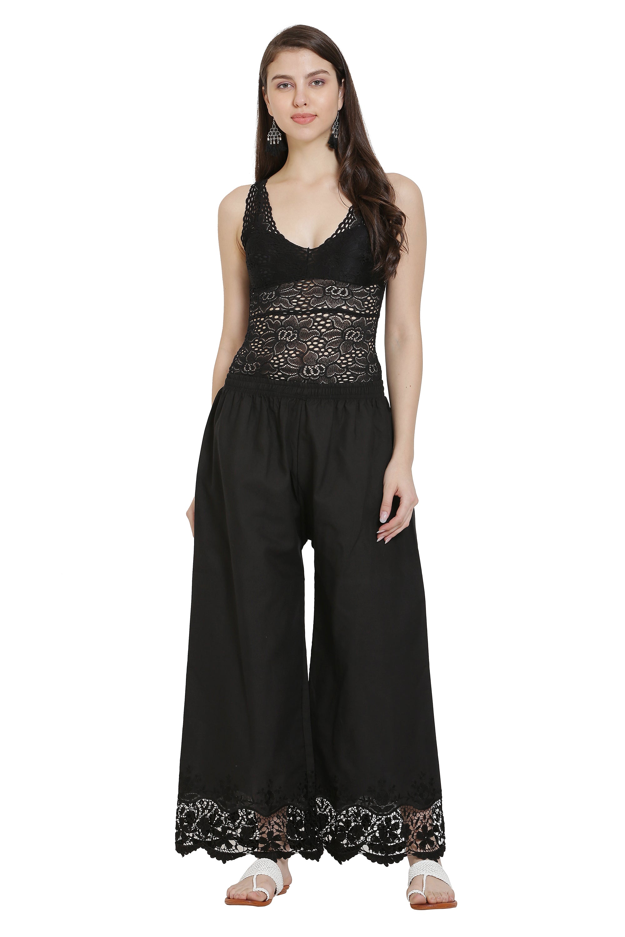 PAVONINE Black Color Chikankari Lace Scalloped Hem Cotton Fabric Sharara For Women - Distacart