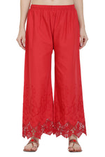 Thumbnail for PAVONINE Red Color Chikankari Lace Scalloped Hem Cotton Fabric Sharara For Women - Distacart