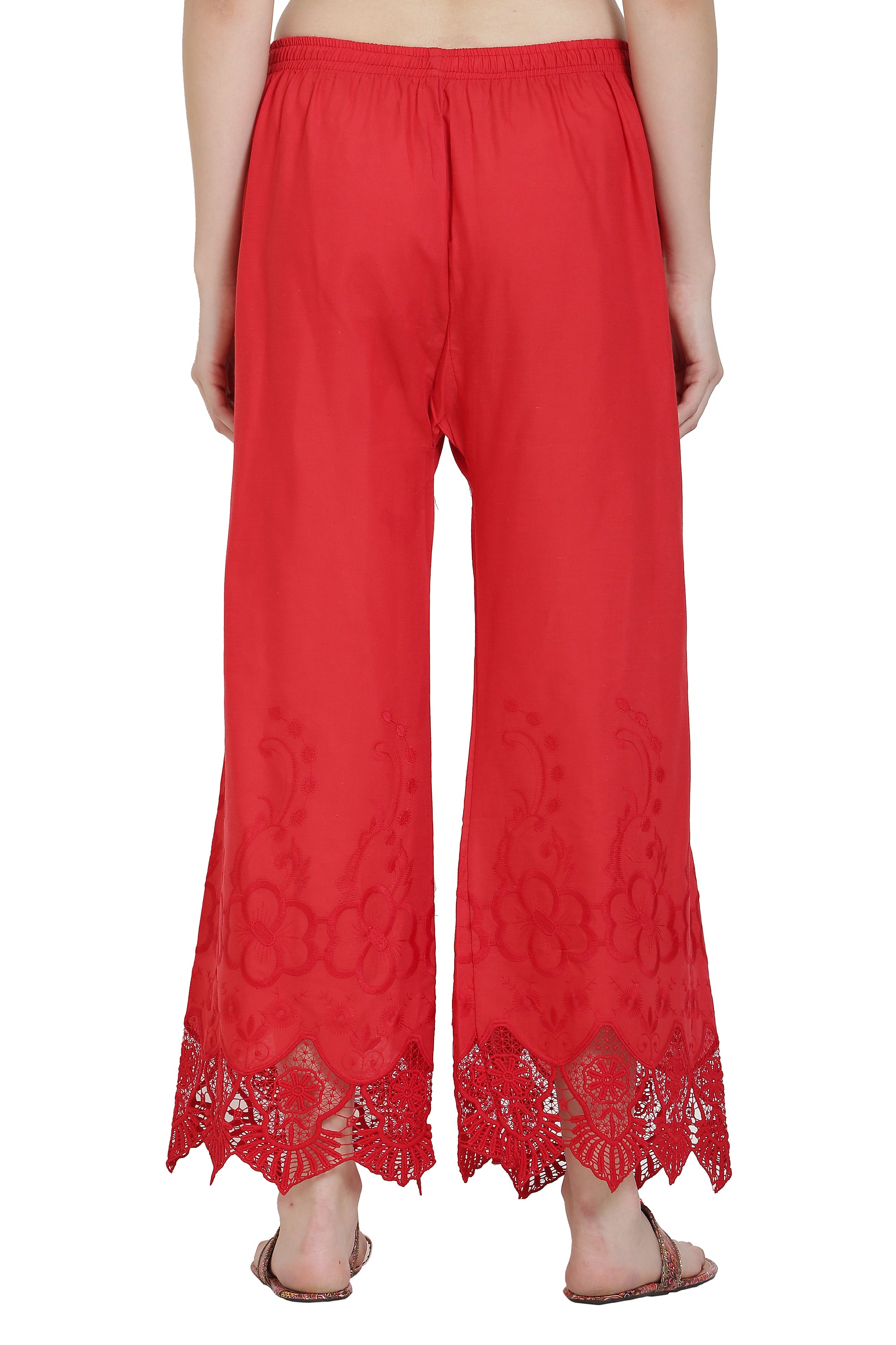 PAVONINE Red Color Chikankari Lace Scalloped Hem Cotton Fabric Sharara For Women - Distacart