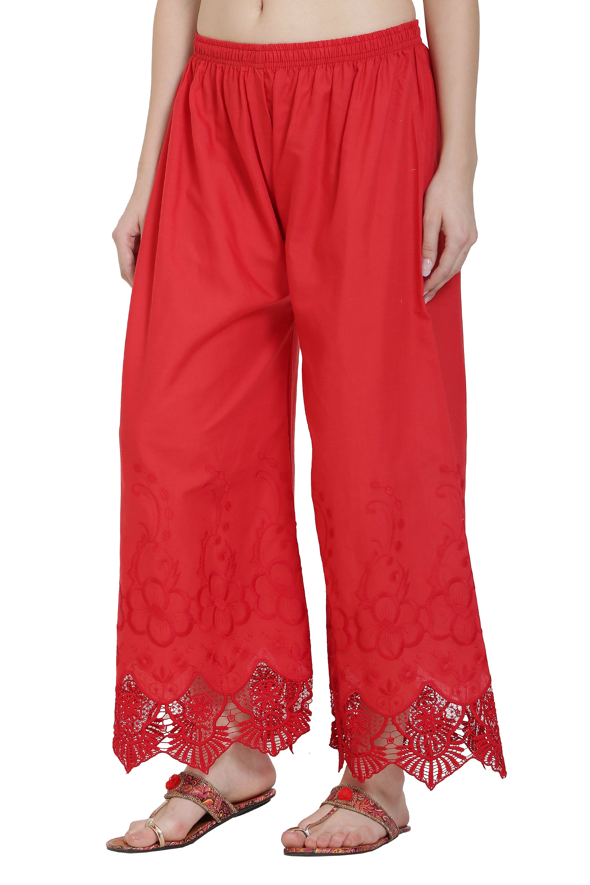 PAVONINE Red Color Chikankari Lace Scalloped Hem Cotton Fabric Sharara For Women - Distacart