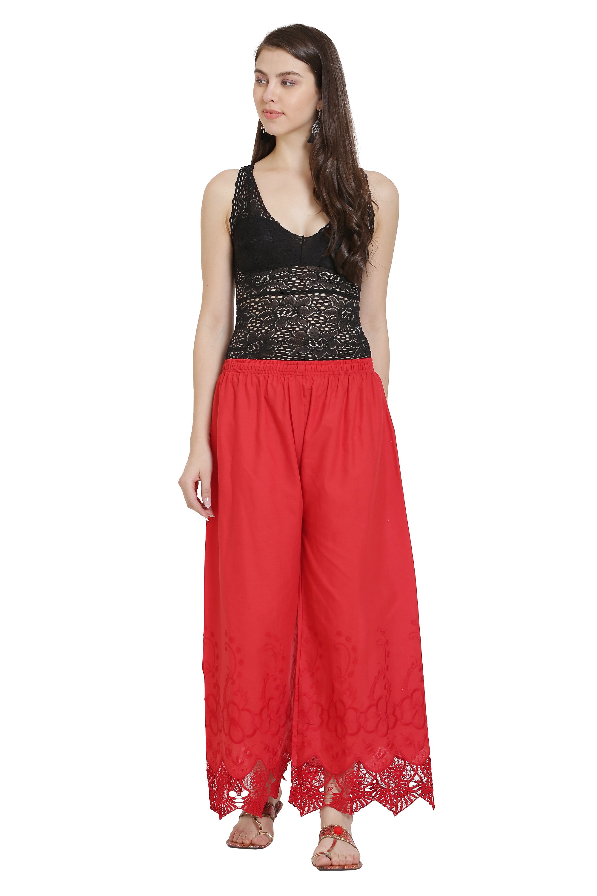 PAVONINE Red Color Chikankari Lace Scalloped Hem Cotton Fabric Sharara For Women - Distacart