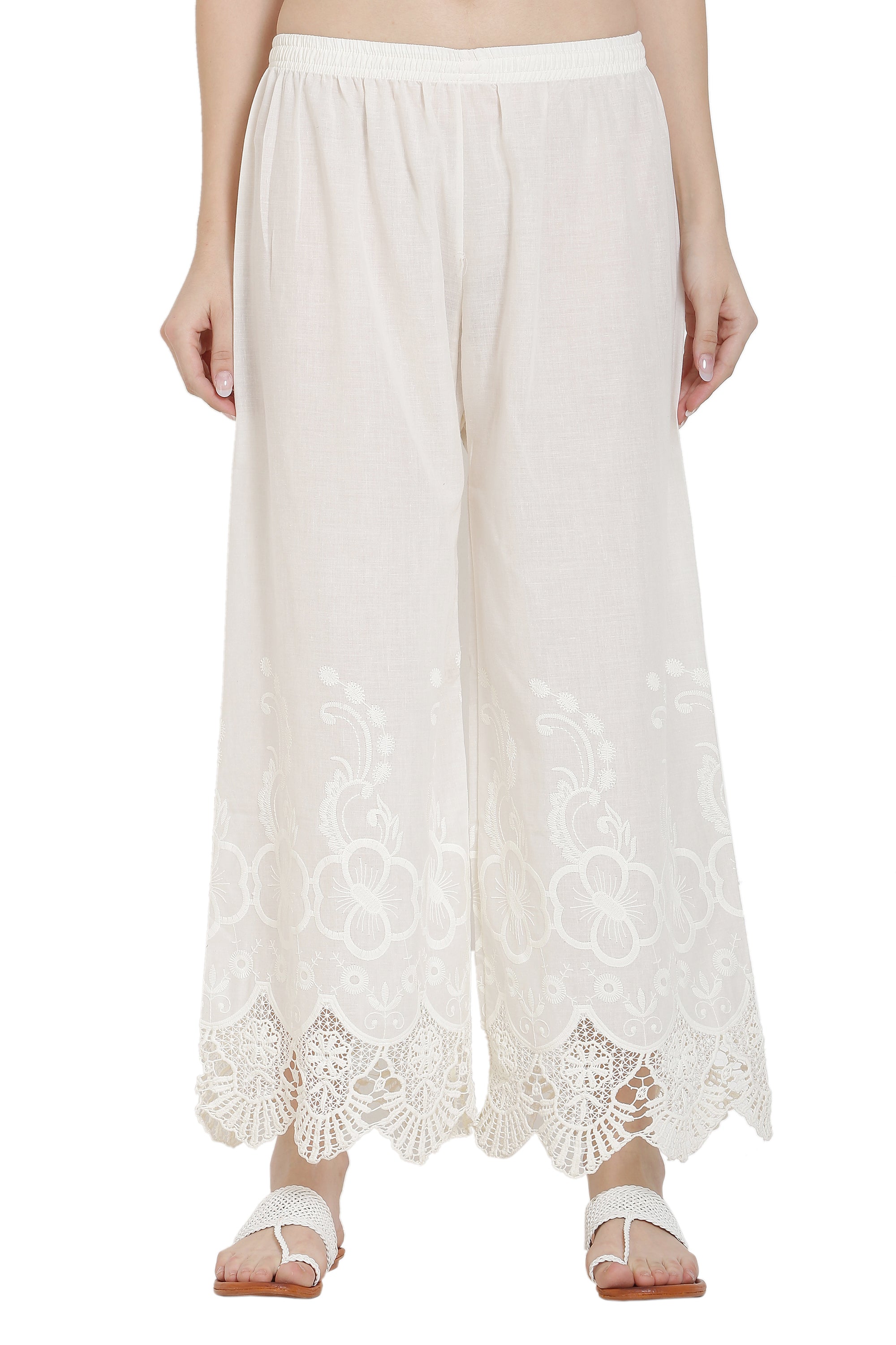 PAVONINE White Color Chikankari Lace Scalloped Hem Cotton Fabric Sharara For Women - Distacart