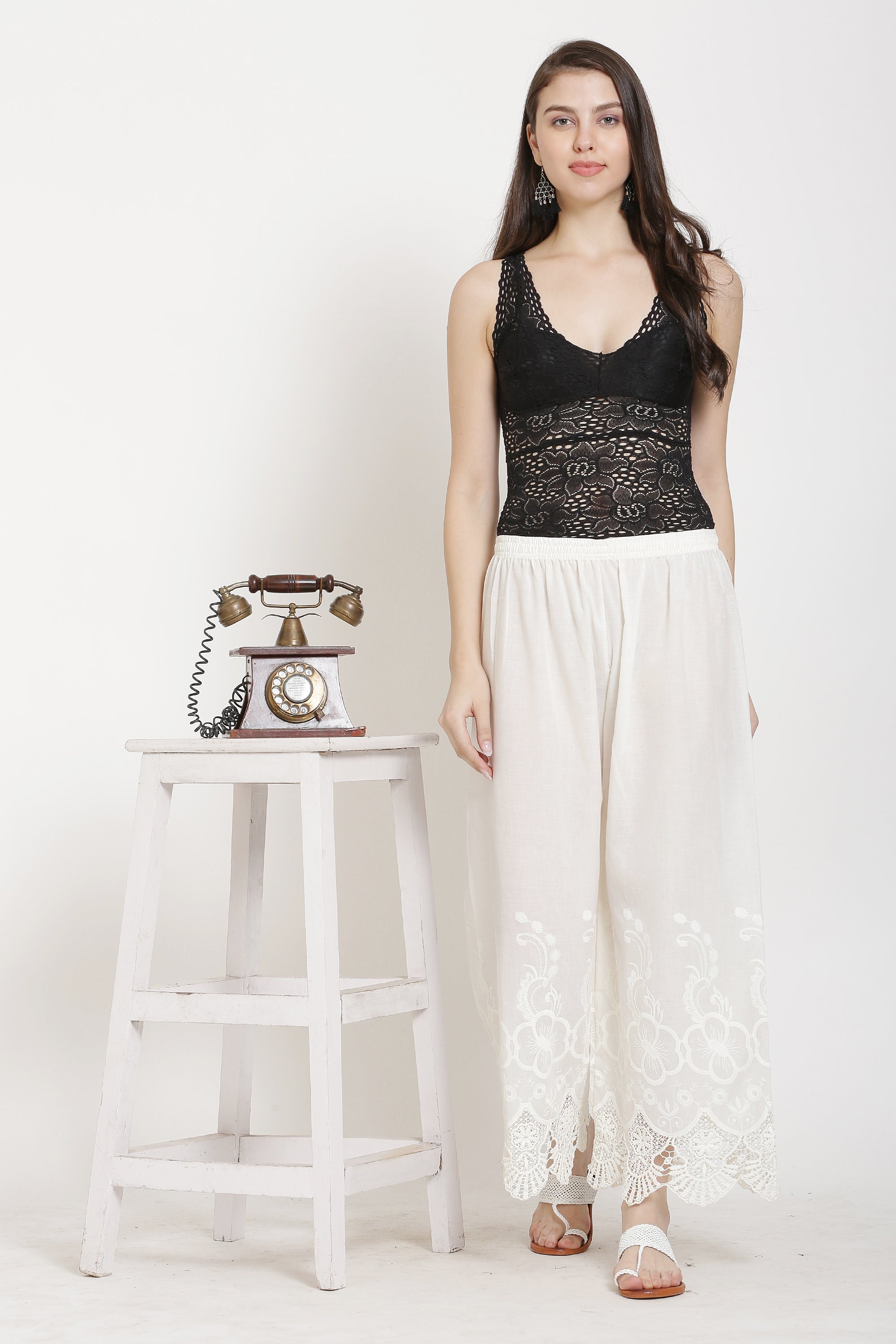 PAVONINE White Color Chikankari Lace Scalloped Hem Cotton Fabric Sharara For Women - Distacart