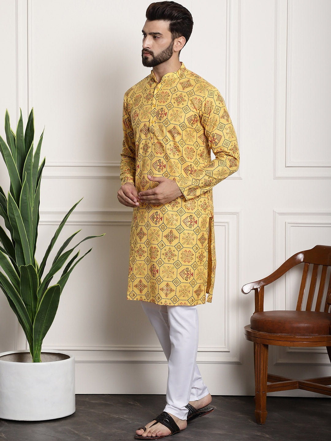 Sojanya Men Yellow Ethnic Motifs Printed Kurta with Churidar - Distacart